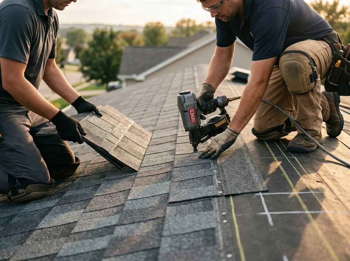 Professional roofer working on a residential roof in Beavercreek